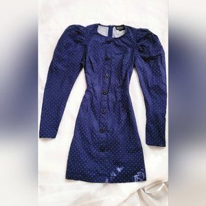 NWOT! Polka Dot Puff Sleeve Women's Midnight Blue Button Front Dress Size Small